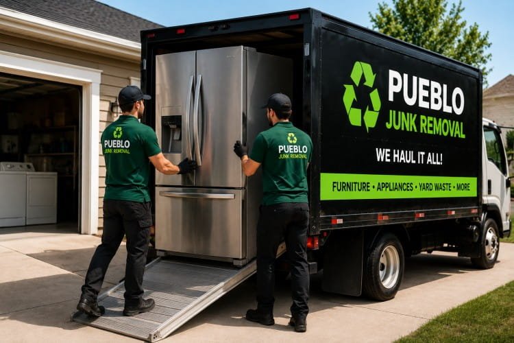 Appliance removal team loading refrigerator into junk removal truck in Pueblo CO