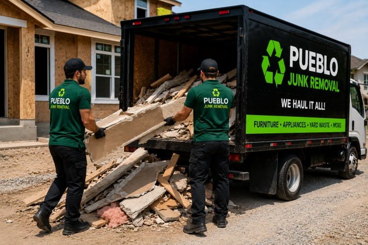 Construction debris removal team loading drywall and wood into junk removal truck in Pueblo CO