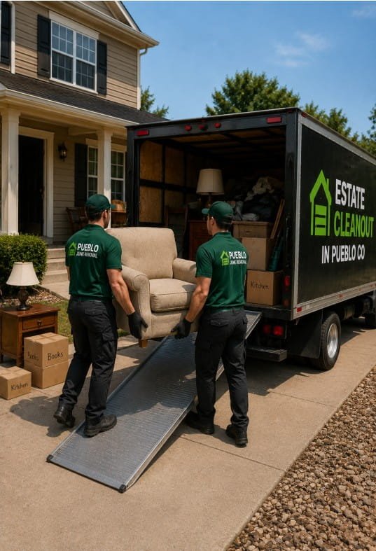 Estate cleanout crew loading furniture and household items into truck in Pueblo CO