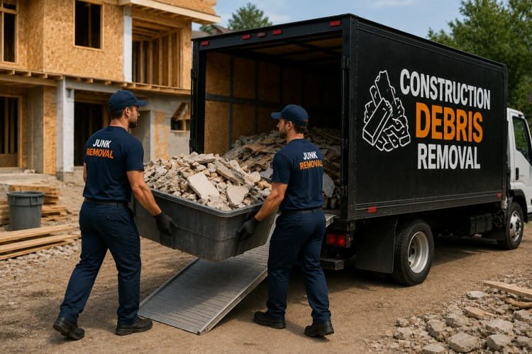 Fast construction debris removal team loading renovation waste into truck in Pueblo CO