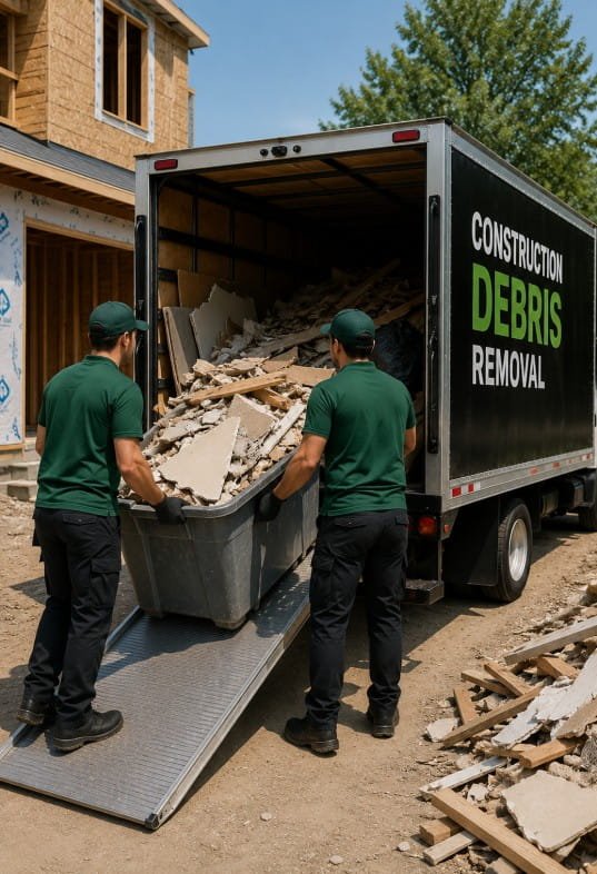 Construction debris removal crew loading renovation waste into truck in Pueblo CO