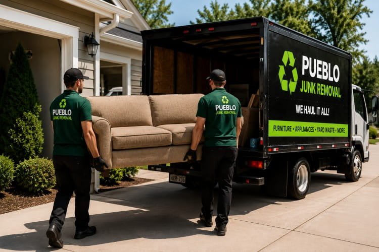 Furniture removal team loading couch into junk removal truck in Pueblo CO