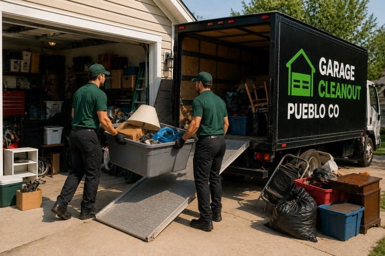 Garage cleanout team removing storage bins and household clutter in Pueblo CO