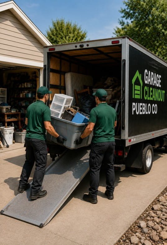 Garage cleanout crew loading household junk into removal truck in Pueblo CO