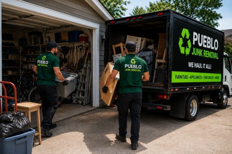 Garage cleanout team removing storage items into junk removal truck in Pueblo CO