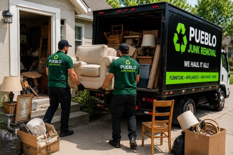 House cleanout team removing furniture and boxes into junk removal truck in Pueblo CO