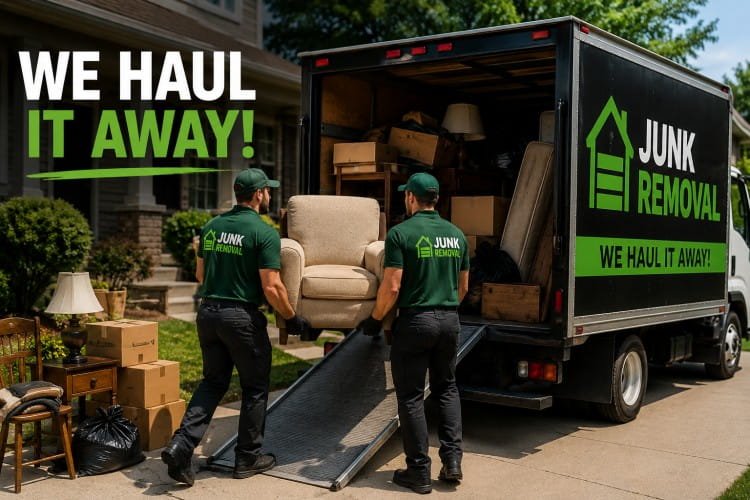 Junk removal crew hauling furniture and household junk into truck in Pueblo CO