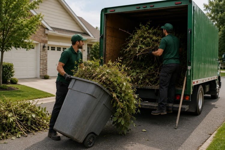 Yard waste removal team loading branches and debris into truck in Pueblo CO