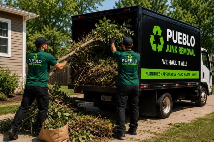 Yard waste removal team loading tree branches into junk removal truck in Pueblo CO