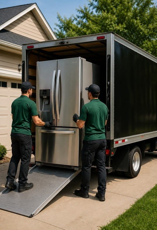 Appliance removal crew loading refrigerator into truck in Pueblo CO
