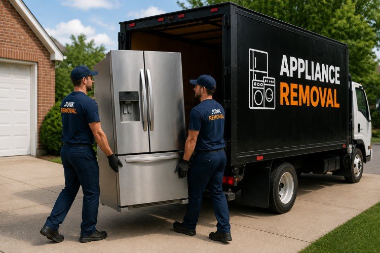 Appliance removal workers carrying refrigerator to junk removal truck in Pueblo CO