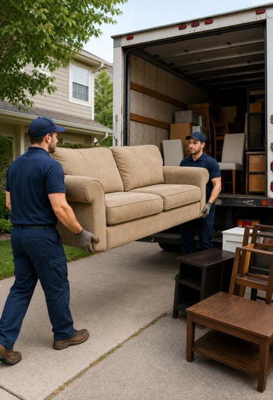 Furniture removal team loading couch into junk removal truck in Pueblo CO